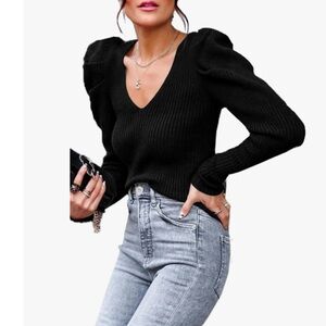 PRETTYGARDEN Puff Long Sleeve Rib Knit V-Neck Sweater, Black, Size L
